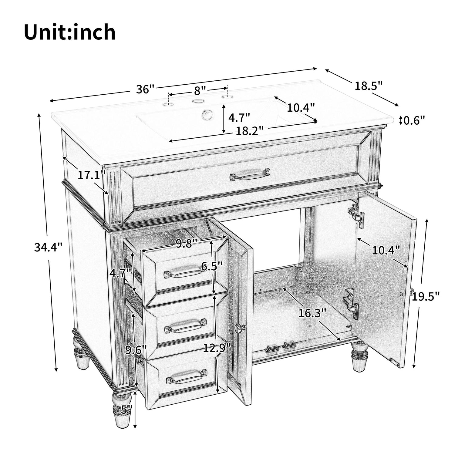 Bathroom Vanity With Sink, Freestanding Cabinet &amp; Drawers