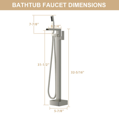 Freestanding Bathtub Faucet Waterfall Tub Filler Floor Mount Solid Brass With Hand Shower - Brushed Nickel