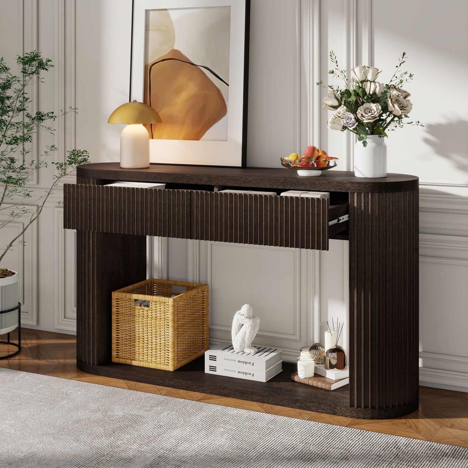 Oval Fluted Console Table With 2 Drawers And Bottom Shelf