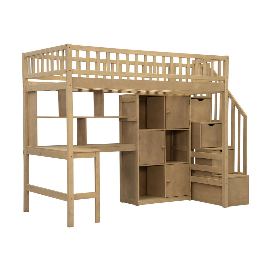Loft Bed With Built In L Shaped Desk, LED Lights, Storage Shelves, Cabinets, And Staircase