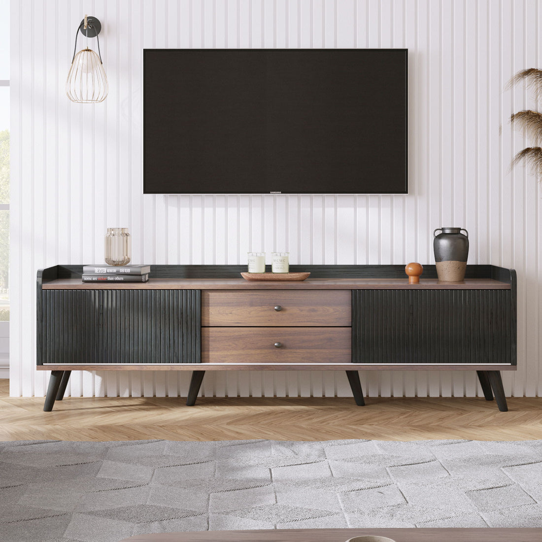 Mid Century TV Stand With 2 Cabinets &amp; Open Compartments, Entertainment Center For Tvs Up To 70&