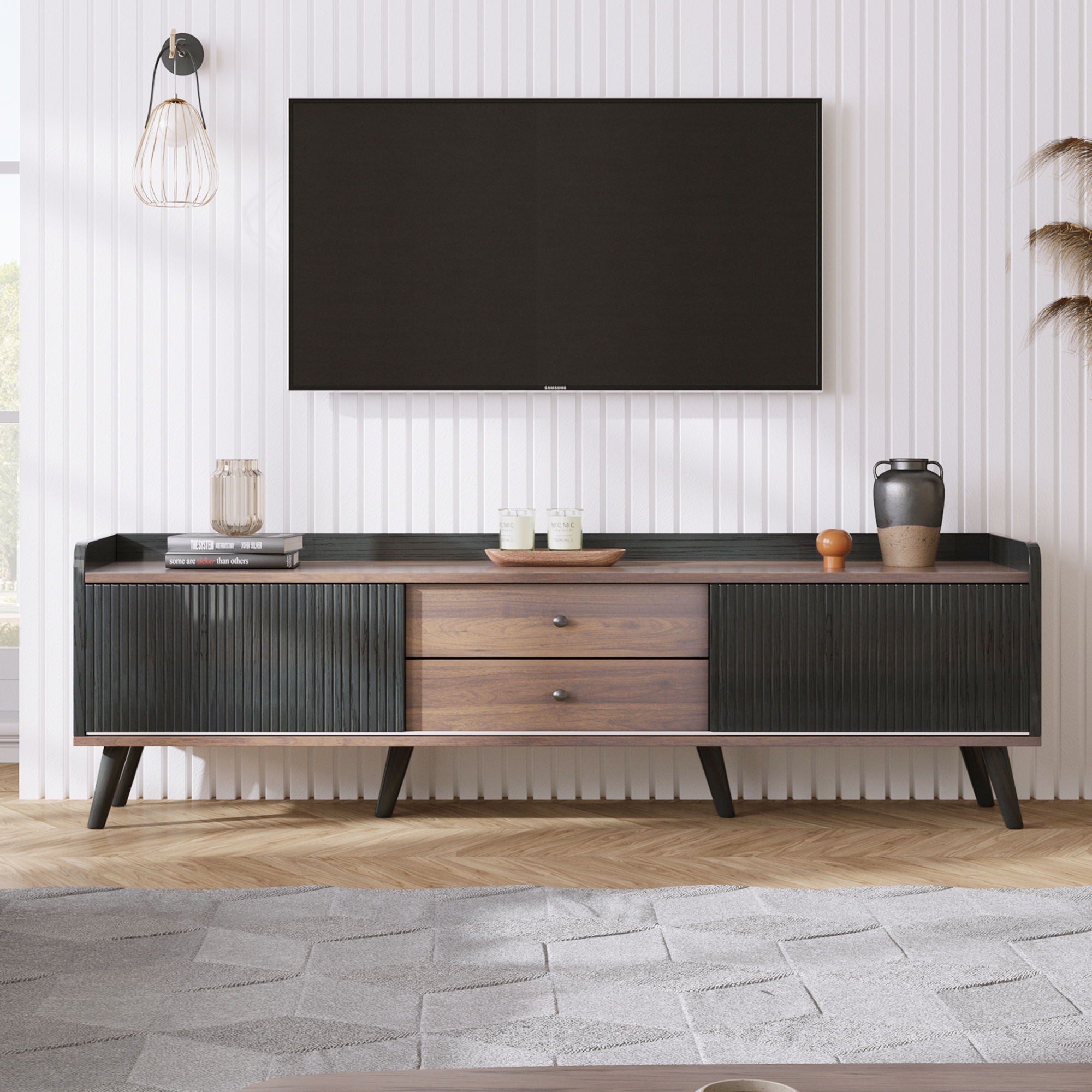 Mid Century TV Stand With 2 Cabinets &amp; Open Compartments, Entertainment Center For Tvs Up To 70&