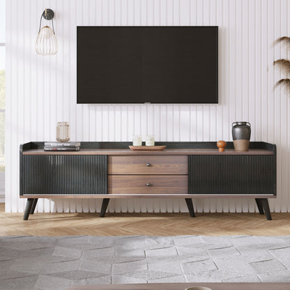 Mid Century TV Stand With 2 Cabinets &amp; Open Compartments, Entertainment Center For Tvs Up To 70&