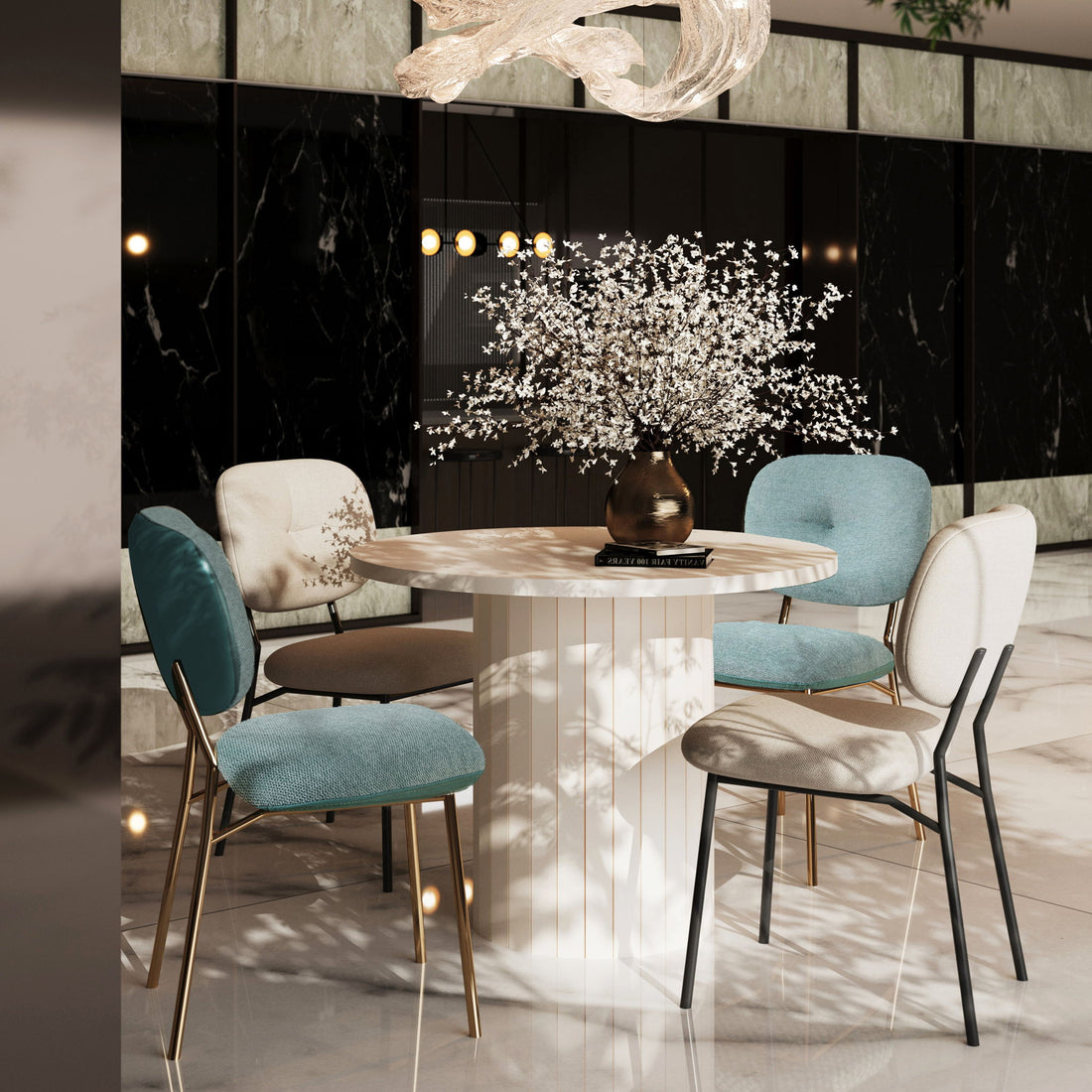 Modern 4 Person Dining Set With Bamboo &amp; Table And Turquoise &amp; Chairs Metal Legs, Space Saving Design - White