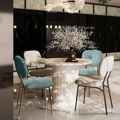 Modern 4 Person Dining Set With Bamboo &amp; Table And Turquoise &amp; Chairs Metal Legs, Space Saving Design - White