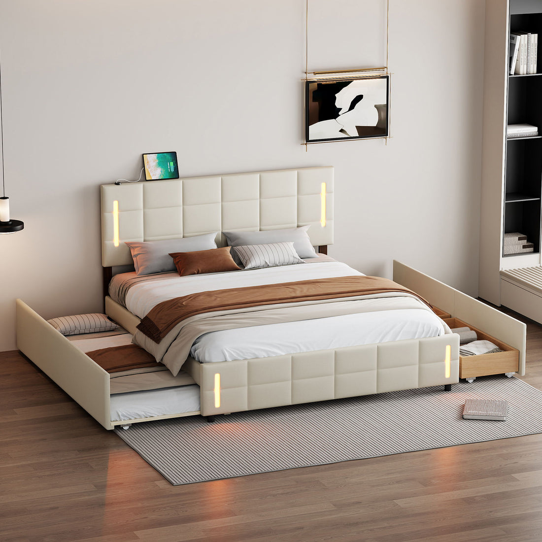 Upholstered Platform Bed With Trundle &amp; Drawers