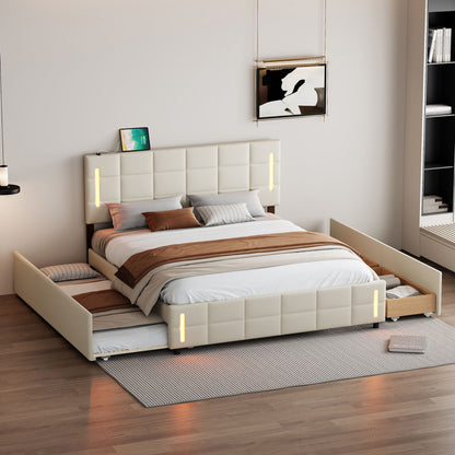 Upholstered Platform Bed With Trundle &amp; Drawers