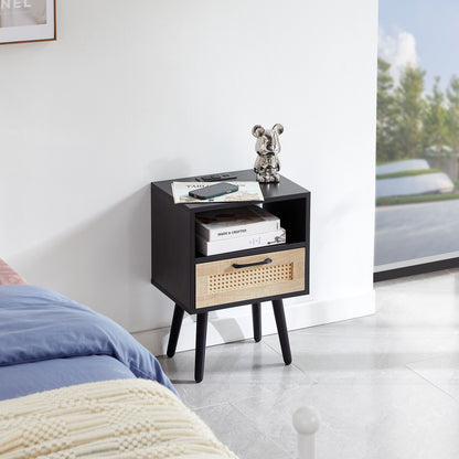 15.75&quot; Rattan End Table With Power Outlet &amp; USB Ports, Modern Nightstand With Drawer And Solid Wood Legs, Side Table For Living Room, Bedroom