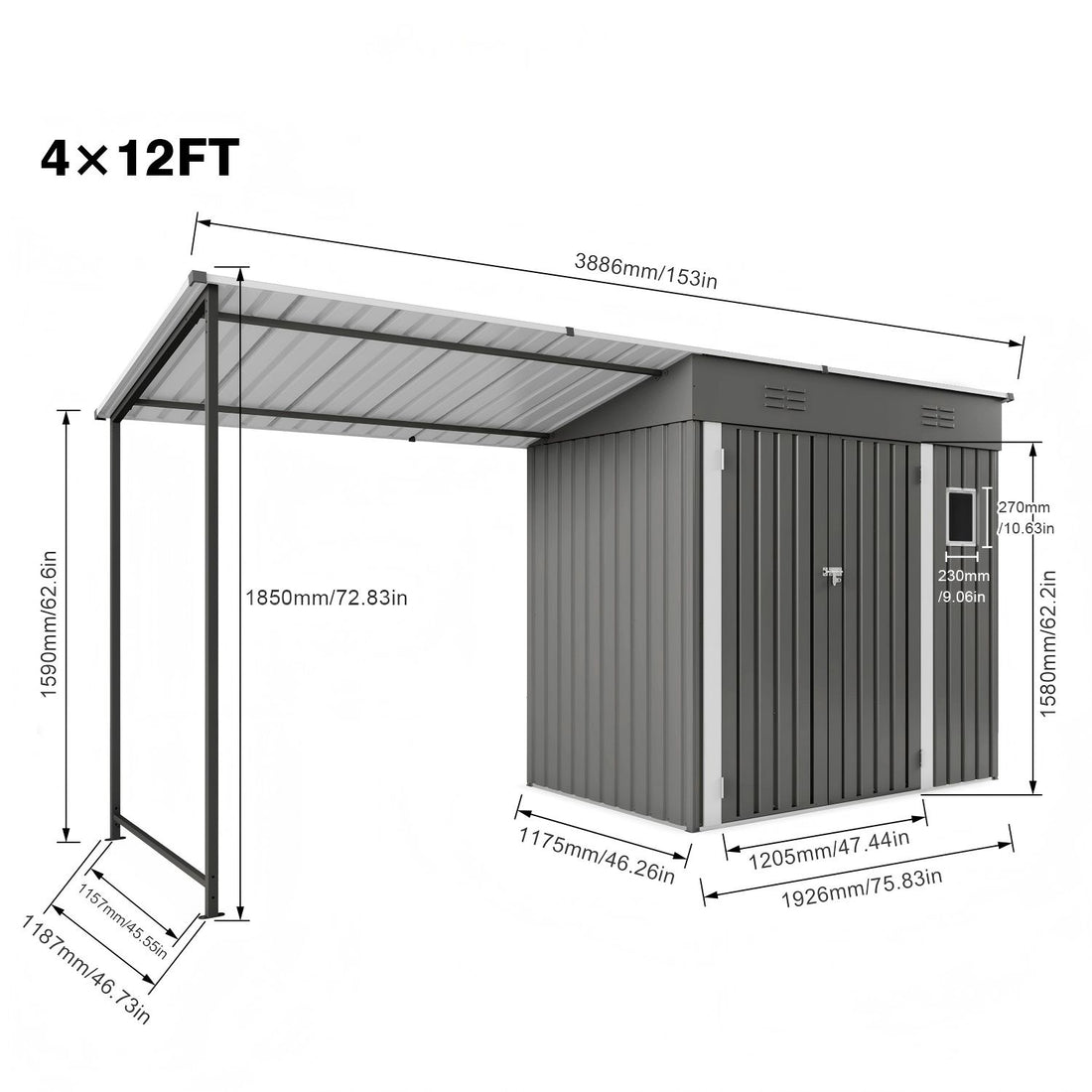 Lean To Shed With Open Sided Pergola, Outdoor Storage Shed &amp; Attached Hardtop Gazebo Combo - Gray