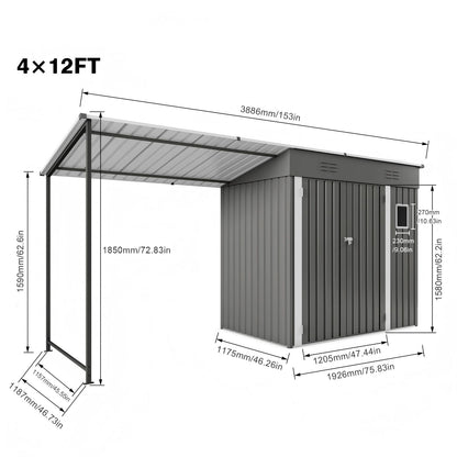 Lean To Shed With Open Sided Pergola, Outdoor Storage Shed &amp; Attached Hardtop Gazebo Combo - Gray