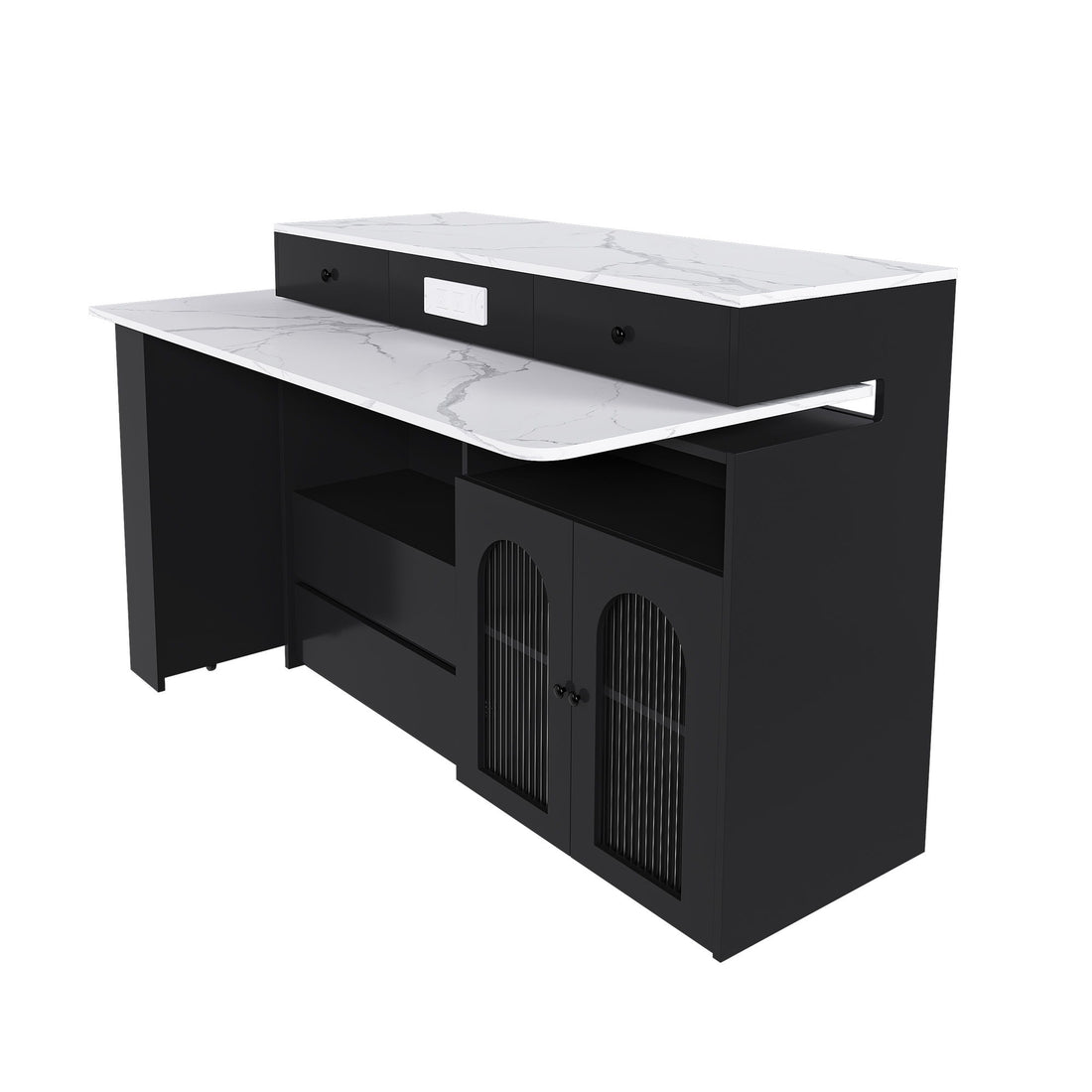Kitchen Island With Extendable Rotating Table, 4 Drawers &amp; Glass Door Cabinets, Built In Socket - Black