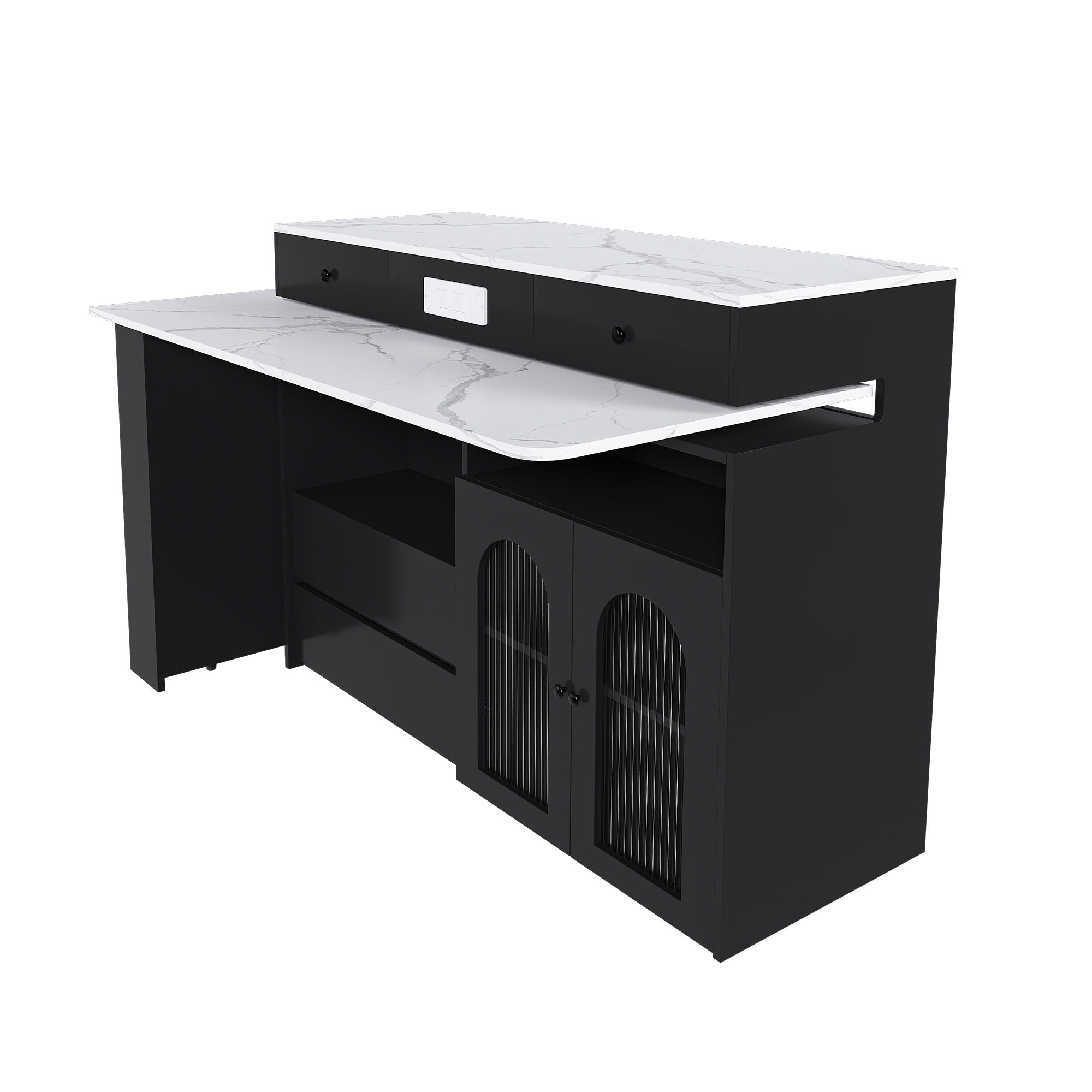 Kitchen Island With Extendable Rotating Table, 4 Drawers &amp; Glass Door Cabinets, Built In Socket - Black