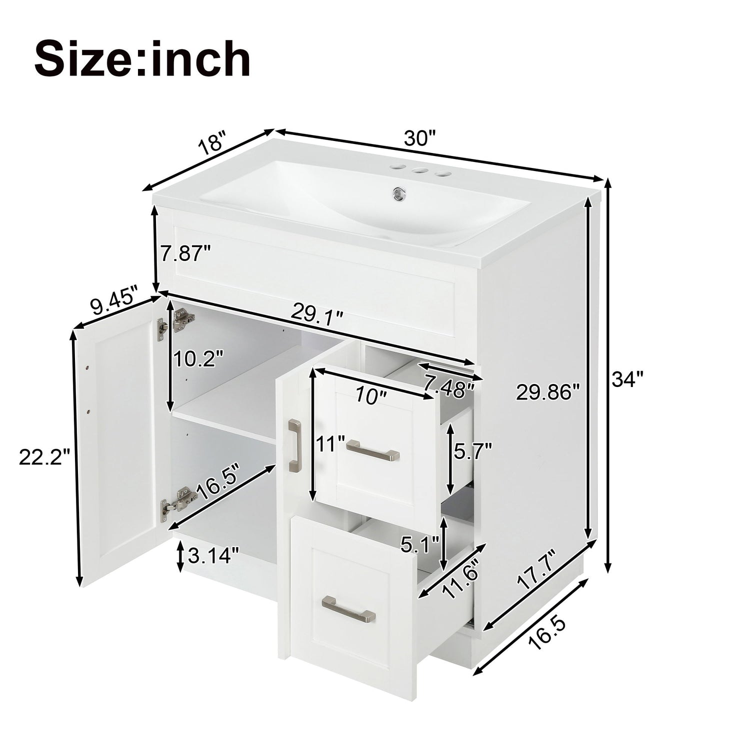 Bathroom Vanity With 2 Doors, 2 Drawers, Adjustable Shelf, Hidden Slides &amp; Soft Close Hinges