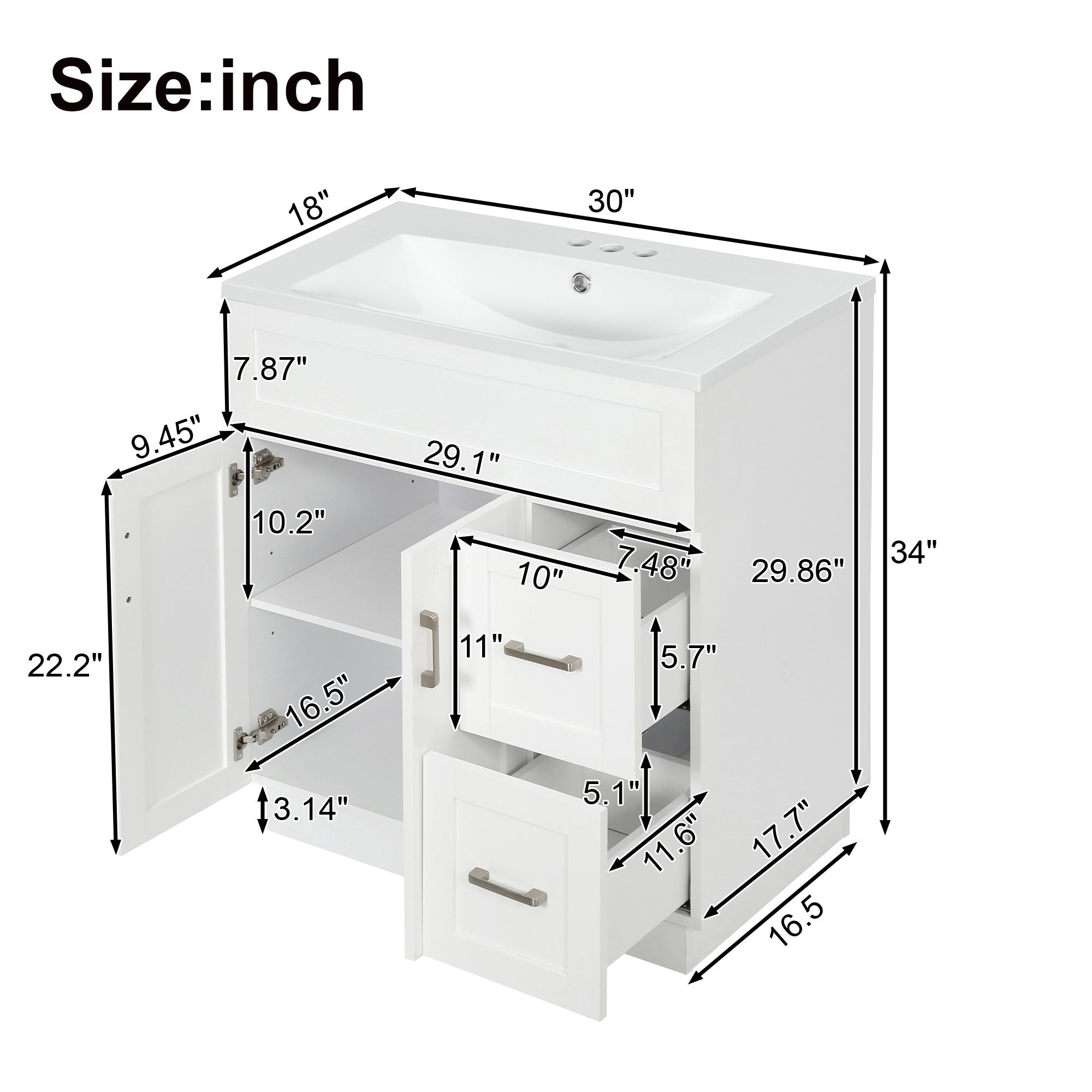Bathroom Vanity With 2 Doors, 2 Drawers, Adjustable Shelf, Hidden Slides &amp; Soft Close Hinges