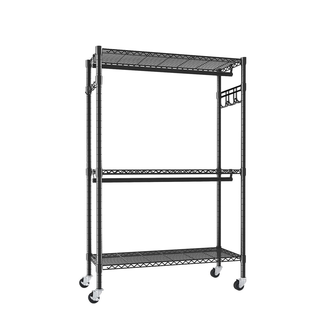Heavy Duty Rolling Clothes Rack With 3 Tier Shelves, 2 Rails &amp; Side Hooks, Adjustable Freestanding Organizer Metal - Black