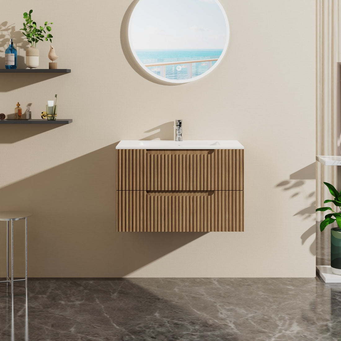 30&quot; Wall Mounted Bathroom Vanity With Sink, Soft Close System, And Spacious Drawers - Walnut