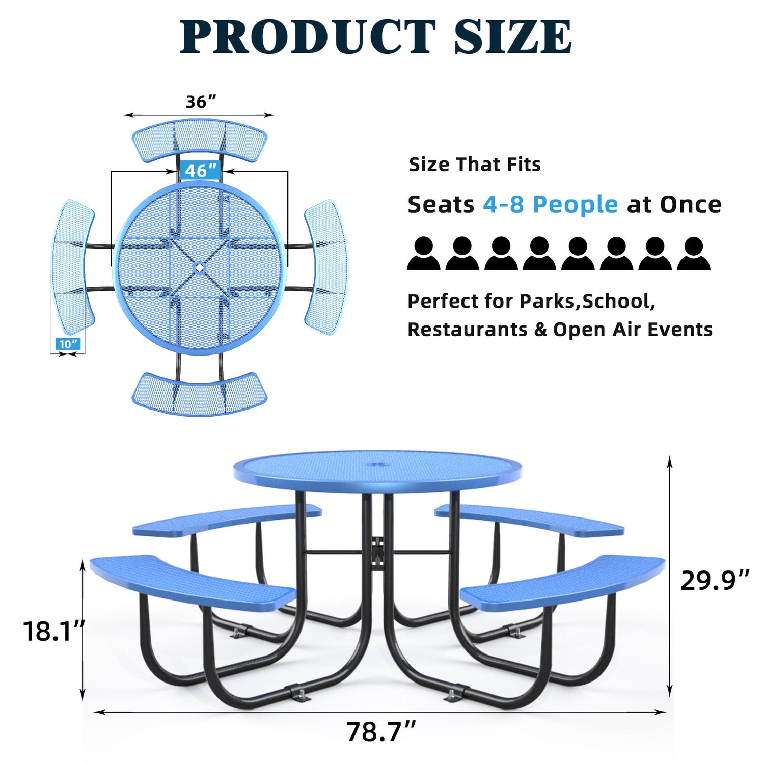 Round Outdoor Steel Picnic Table 46&quot; With Umbrella Pole