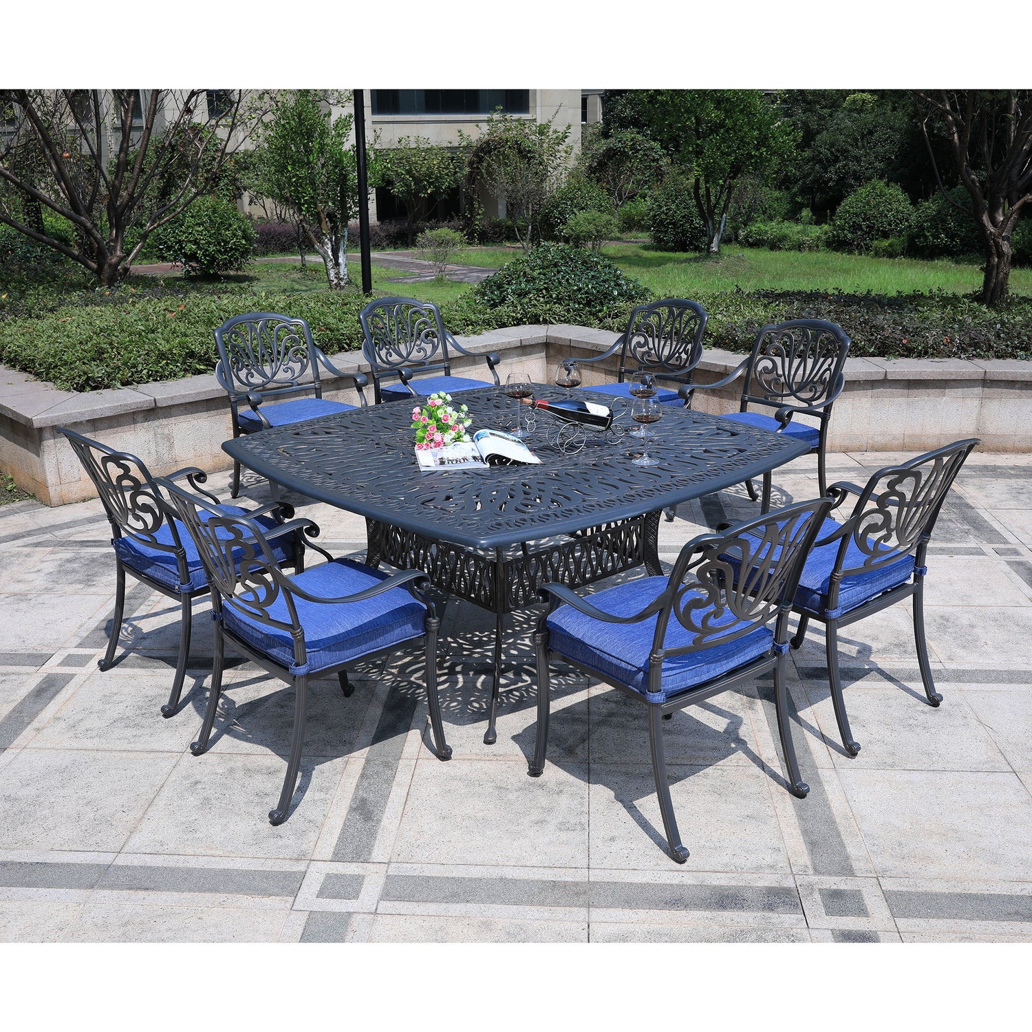 Square 8 Person 64&quot; Long Aluminum Dining Set With Cushions