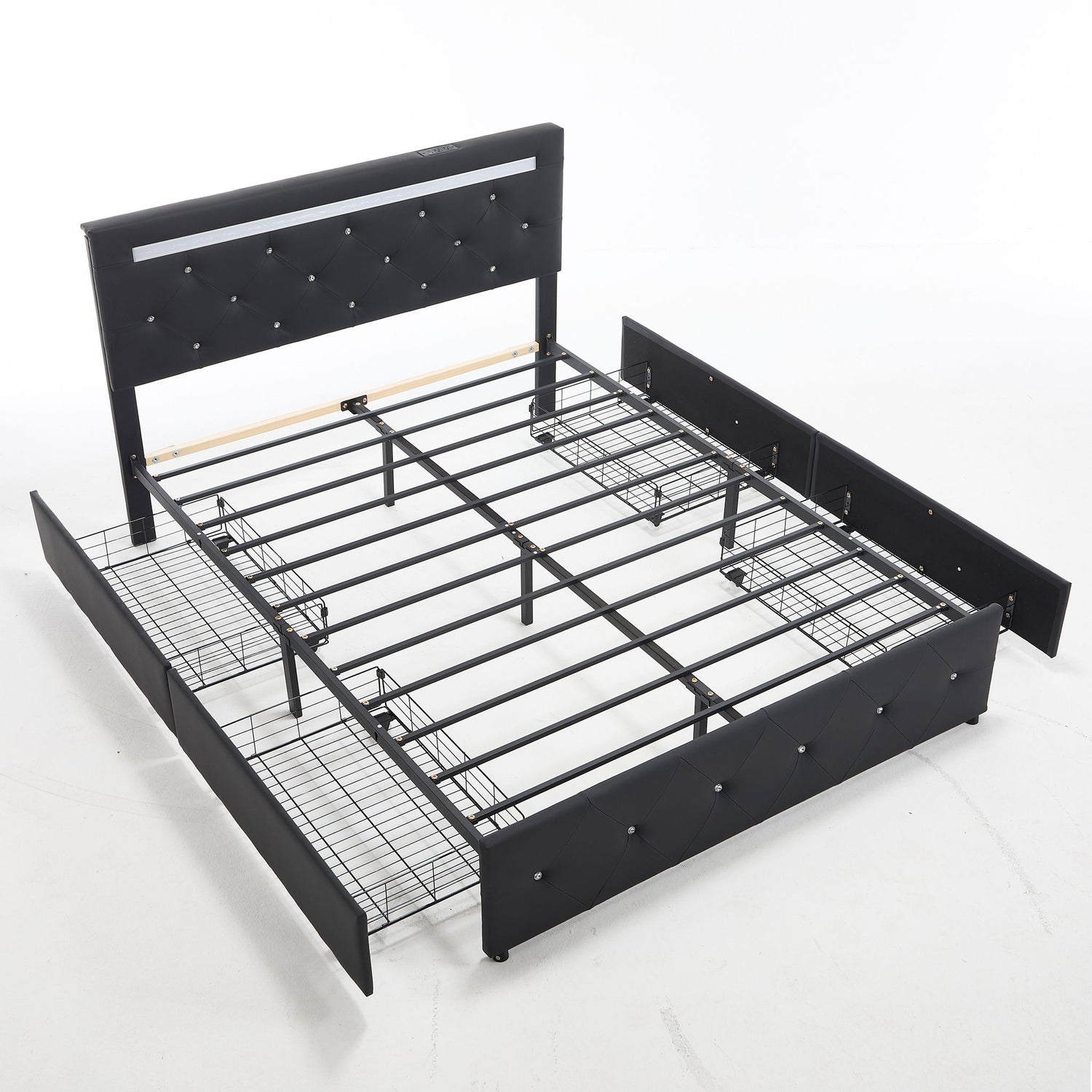 Upholstered Bed Frame With LED Lights, 4 Storage Drawers, Charging Station