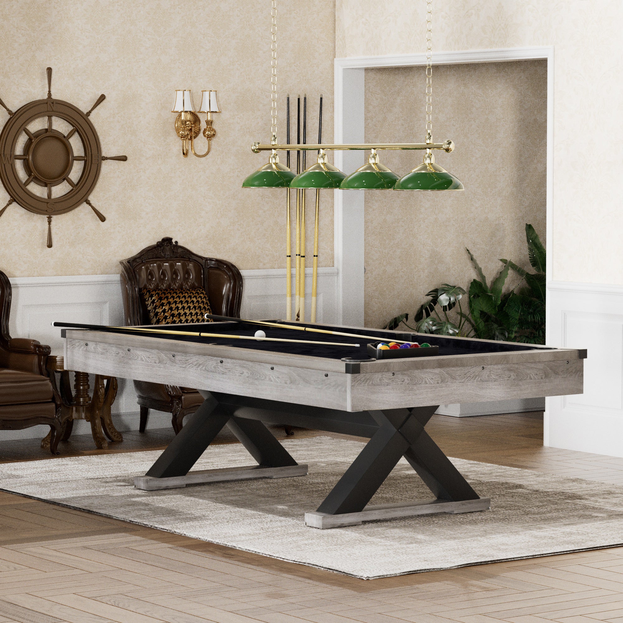 84&quot; Pool Table with Billiard Balls, Cues, Pool Cue Chalk, Cleaning Brush, X-Legs, Black Cloth, Rustic Grey,84.1&quot;L x 46.5&quot;W x 32&quot;H