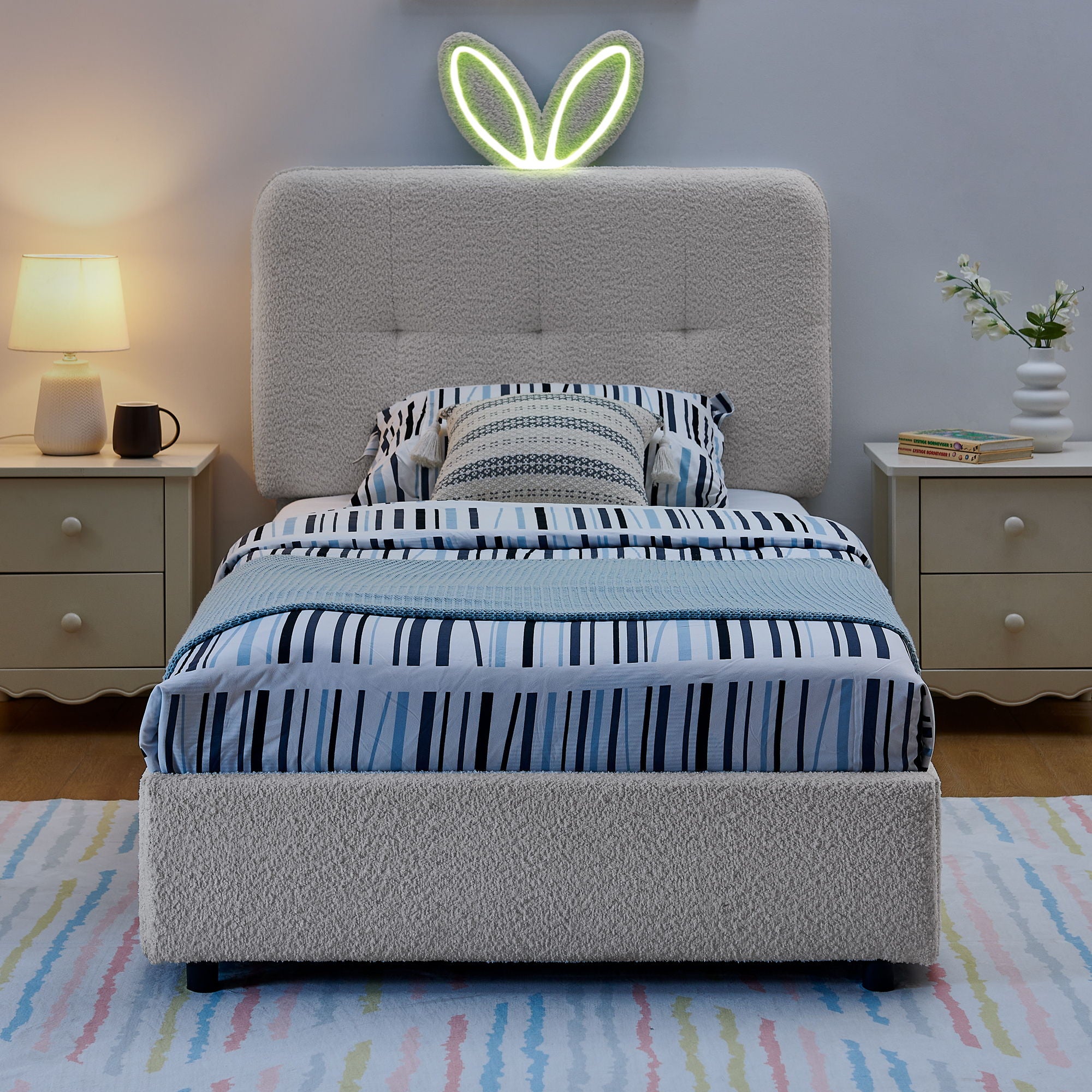 Upholstered Bed With Oversized Rabbit Ear Headboard, LED Lights &amp; 4 Storage Drawers