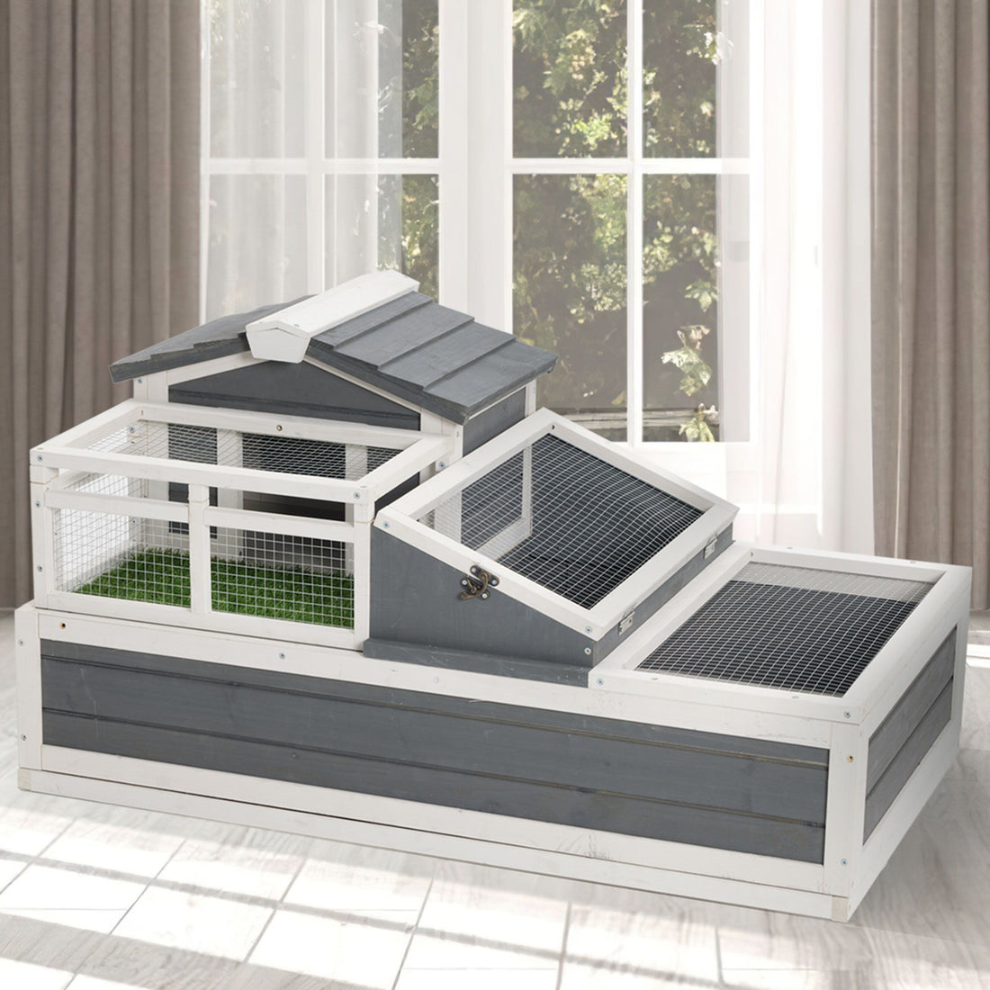 Luxury 3 Room Wooden Tortoise House Habitat With Turf Balcony &amp; 2 Stories - Gray / White