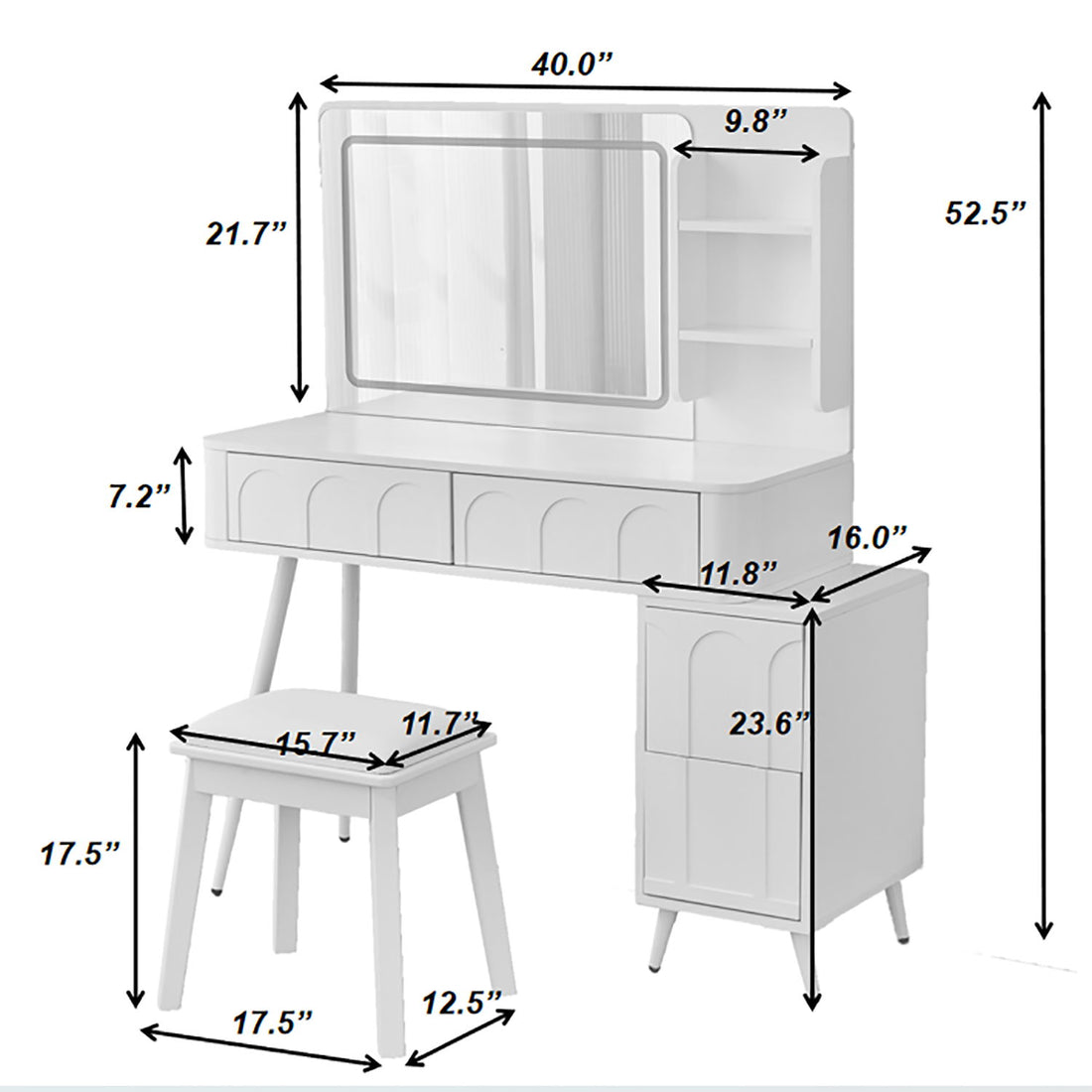 Modern Makeup Vanity Desk With LED Lights &amp; Mirror 4 Drawer Dressing Table Set Space Saving For Bedroom - White