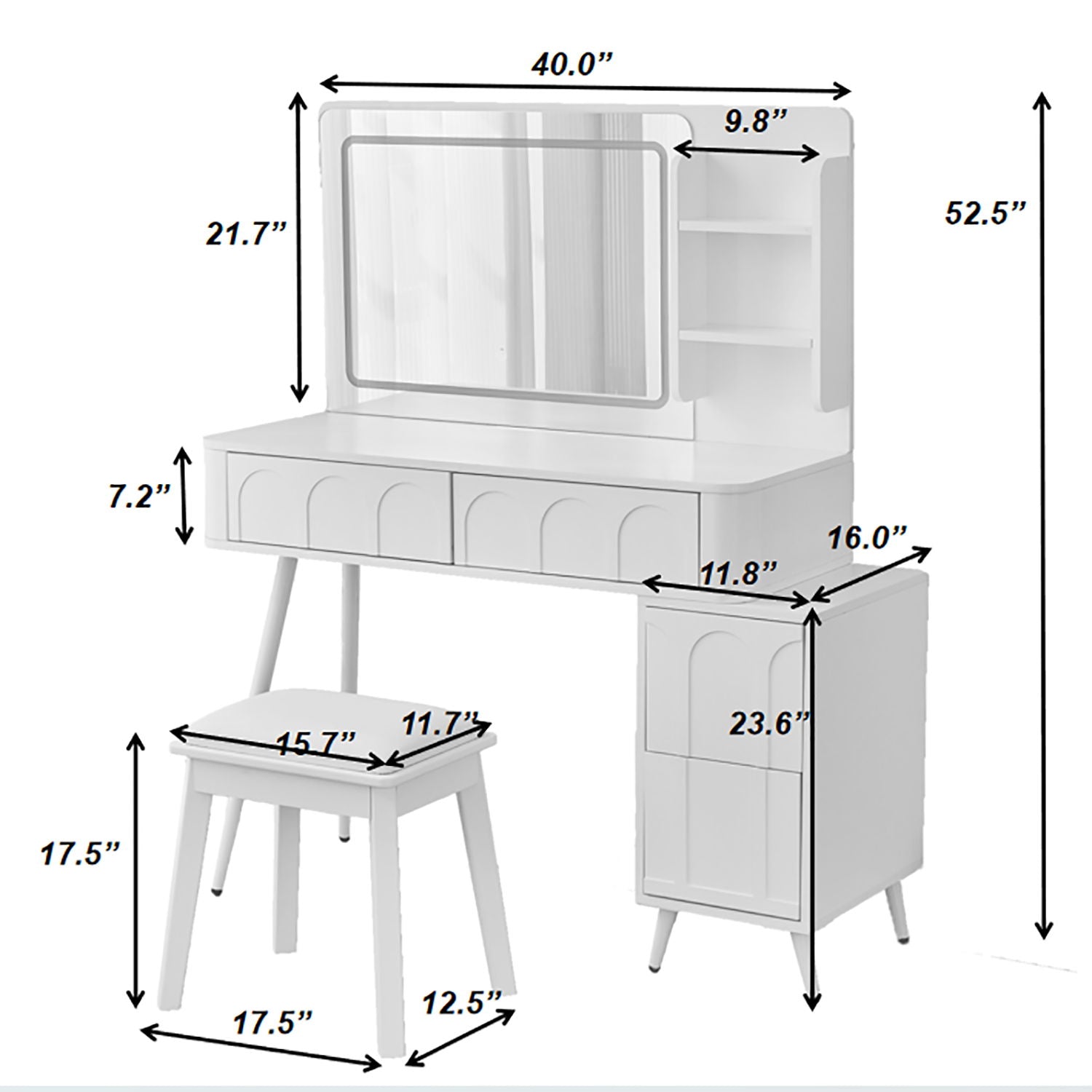 Modern Makeup Vanity Desk With LED Lights &amp; Mirror 4 Drawer Dressing Table Set Space Saving For Bedroom - White