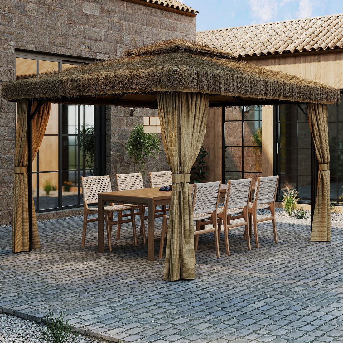 Outdoor Patio Gazebo With Double Canopy, Mosquito Net &amp; Privacy Curtain - Brown