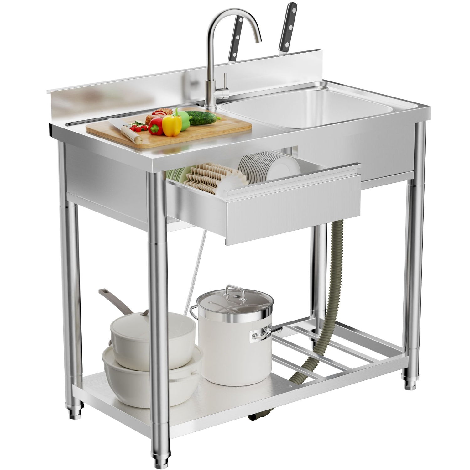 Outdoor Utility Sink With Workbench &amp; Storage Shelf, Freestanding Prep Table With Left Drawer, Garden Patio Sink Station With 360° Hot &amp; Cold Water Faucet - Silver