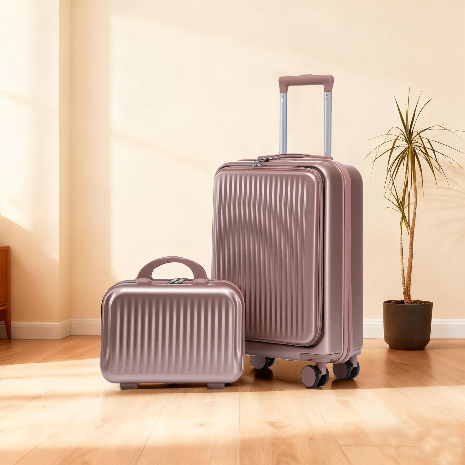 Luggage Set With Cosmetic Case, Combination Lock, Front Opening Design