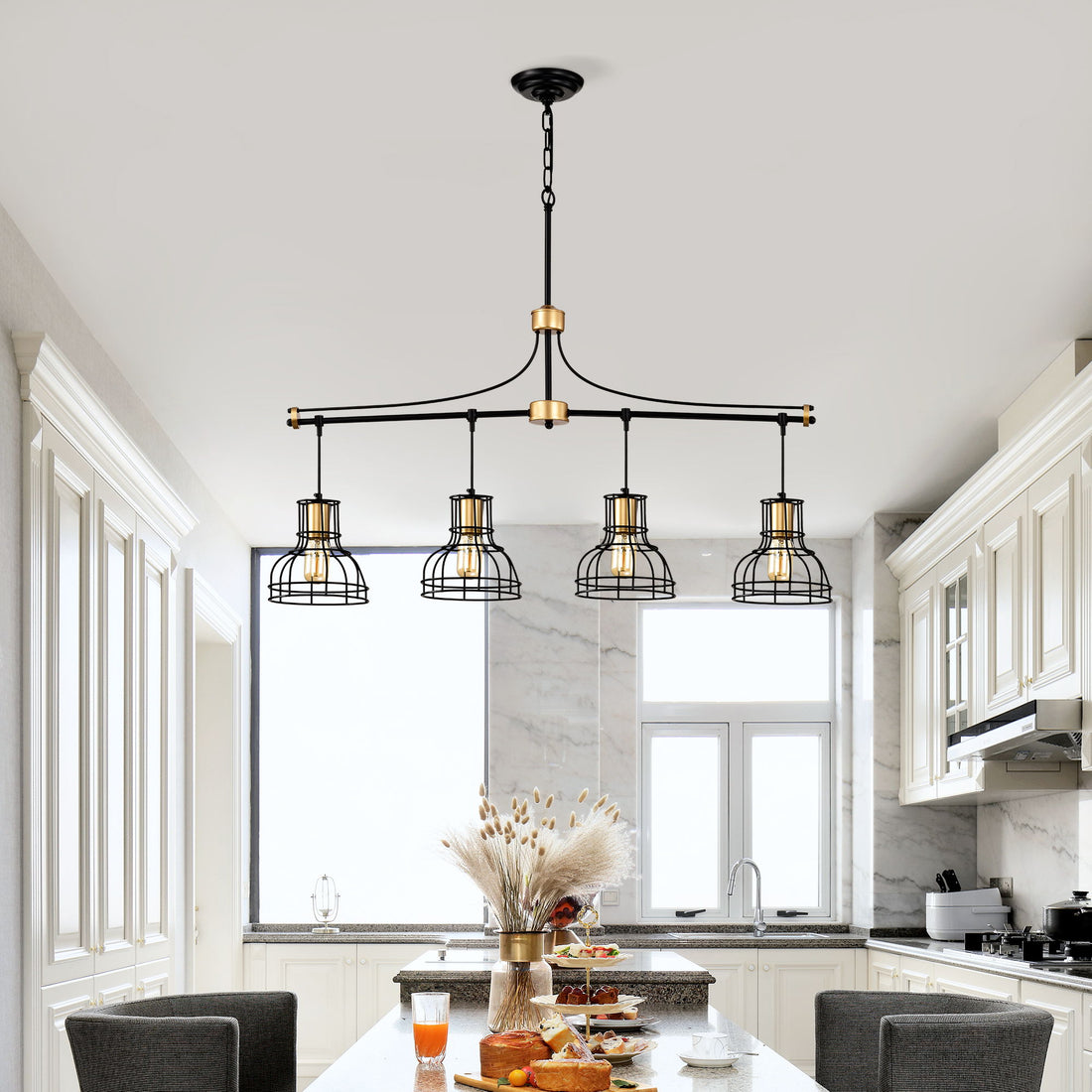 Dining Room Light Fixture / Chandelier Table, 40 -&quot; Hanging For Farmhouse Linear Chandeliers, 5 Light Kitchen Island Lighting Ceiling Chandelier, With Metal Lampshade - Gold / Matte Black