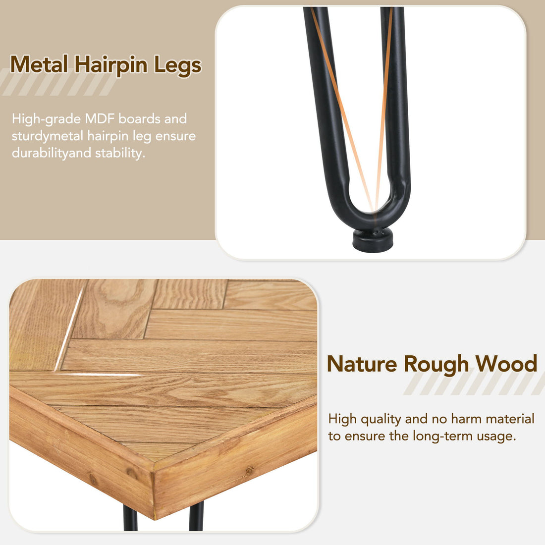 Modern Coffee Table Tea Table, Cocktail Table With With Chevron Pattern &amp; Metal Hairpin Legs For Living Room - Natural