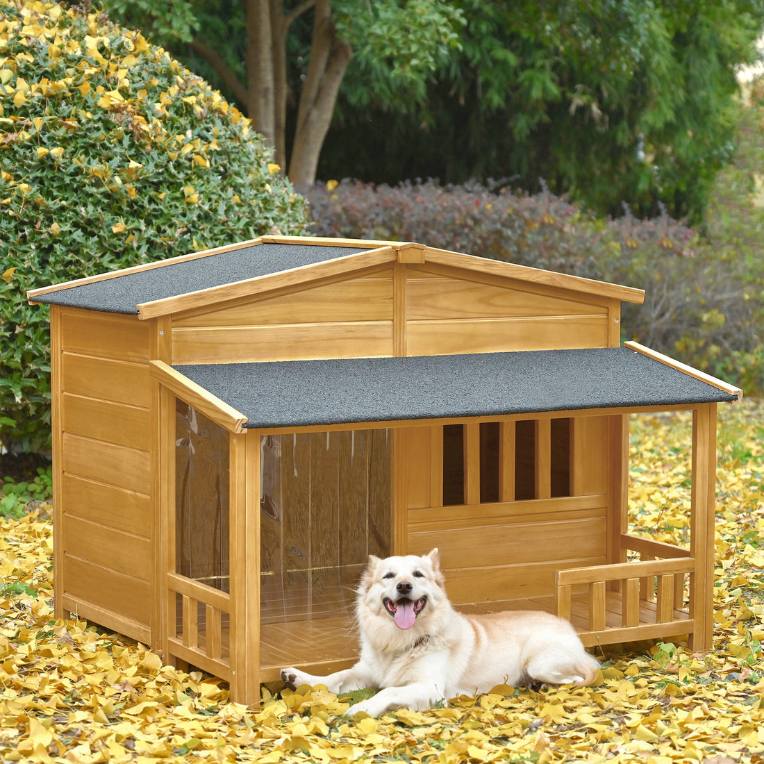 Wooden Dog House, Outdoor &amp; Indoor Dog Crate, Pet Kennel With Porch, Weatherproof, Medium - Nature