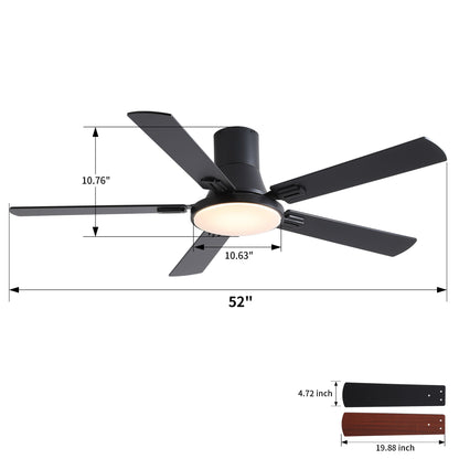 Flush Mount Ceiling Fans With LED Light And Remote Control, 5 Blades
