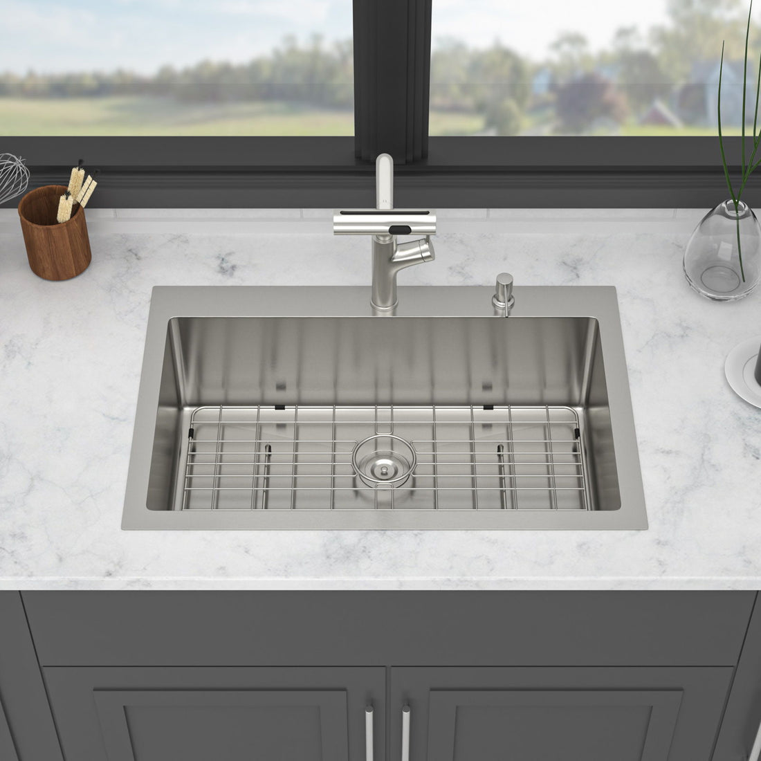 30&quot; Single Bowl Drop In Kitchen Sink With Pull Out Faucet And Soap Dispenser - Brushed Nickel