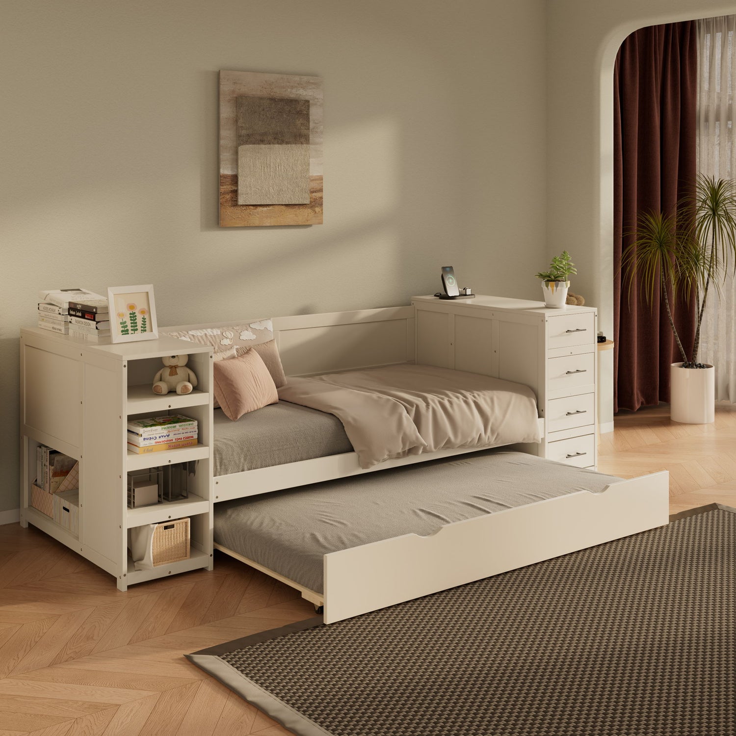 Daybed With Side Shelves, Multi Functional Desk &amp; Charging Station