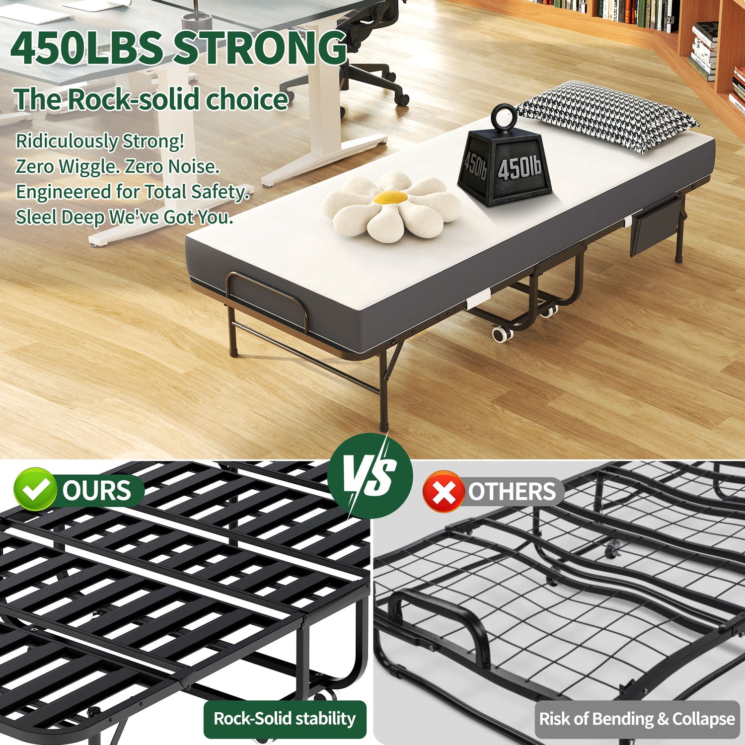 Twin Folding Bed With Memory Foam Mattress, Space Saving Rollaway Guest, On Wheels, Portable For Adults &amp; Guests - Black