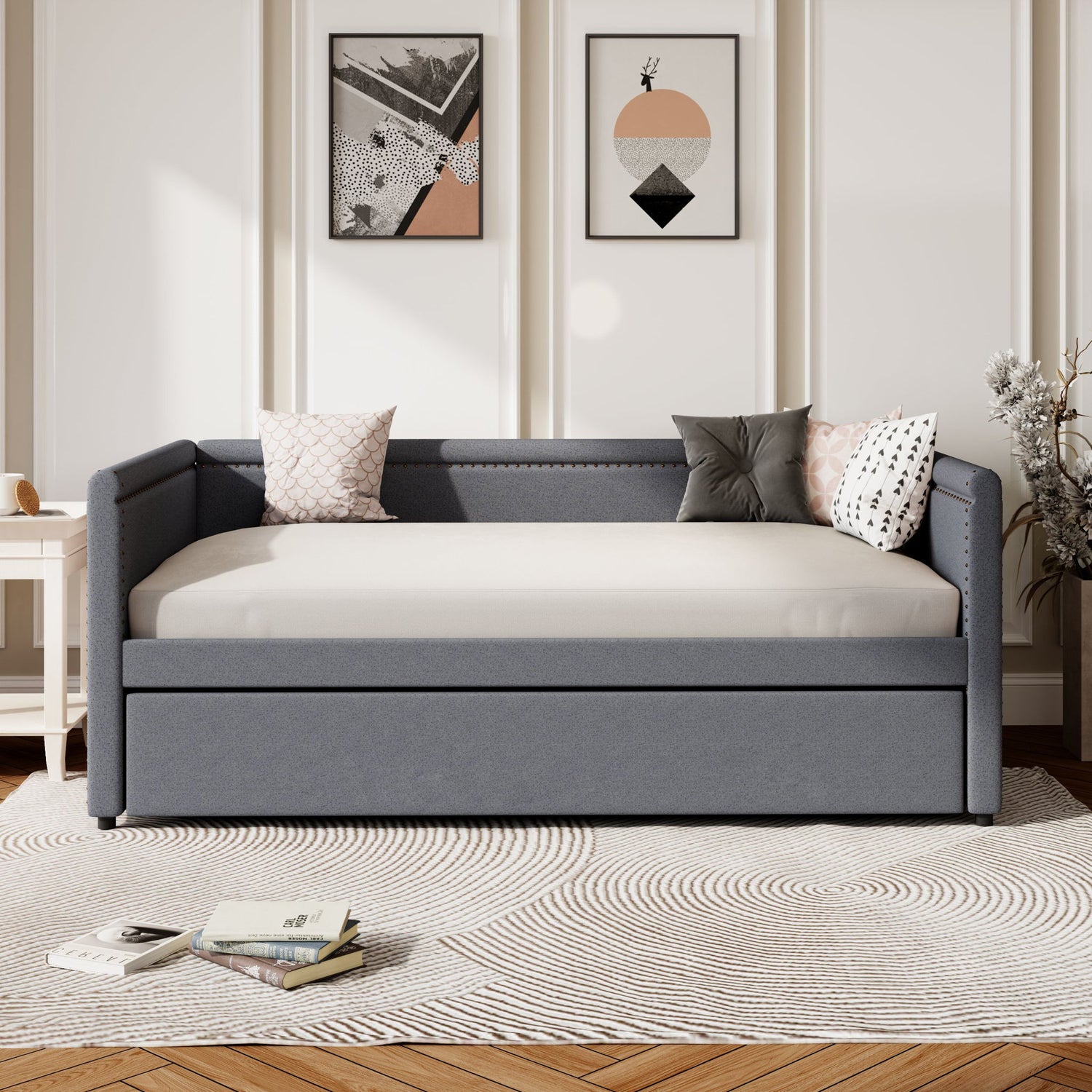 Modern Style Upholstered Daybed With Trundle For Guest Room, Small Bedroom
