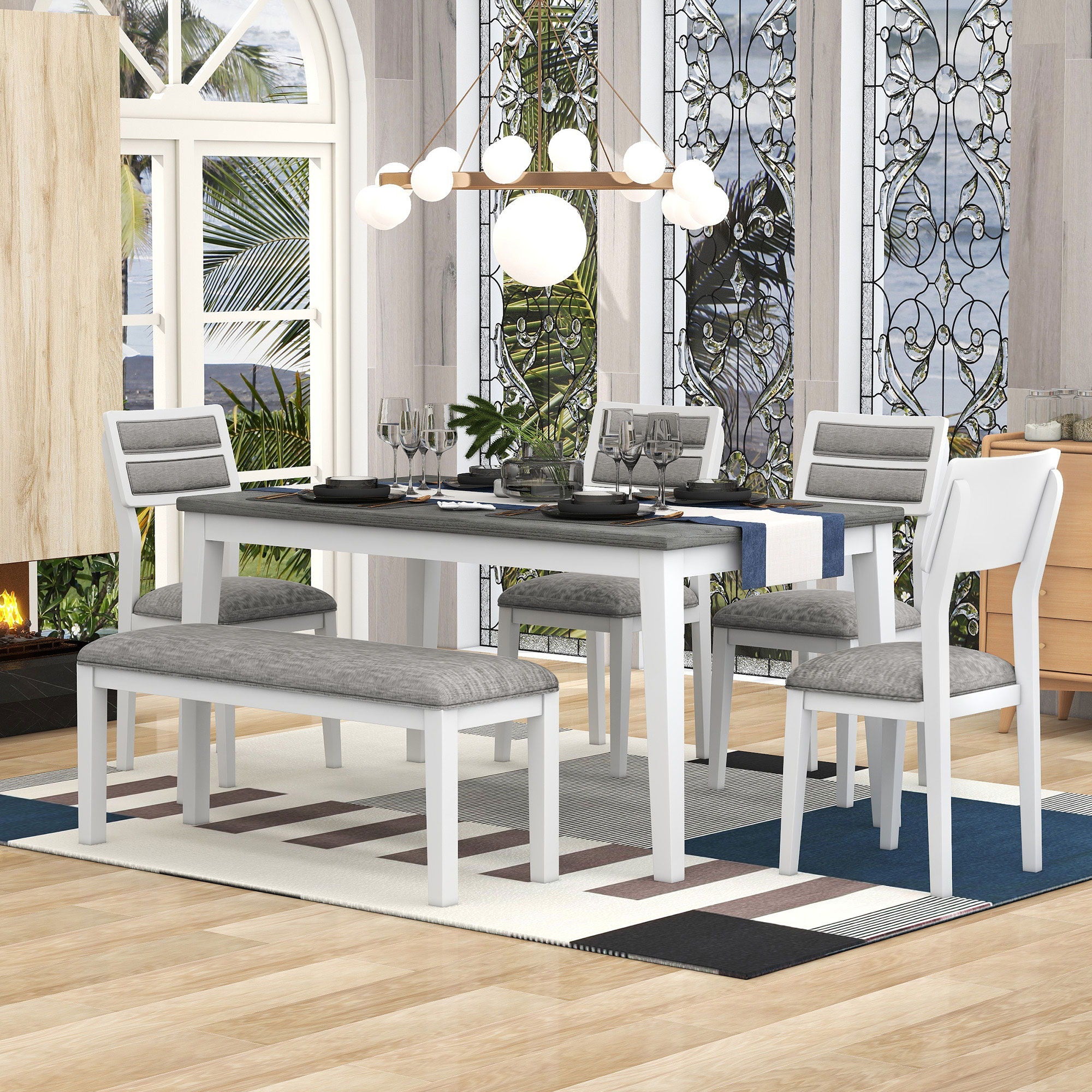 Dining Set Classic And Traditional Style, Includes Dining Table, 4 Upholstered Chairs &amp; Bench