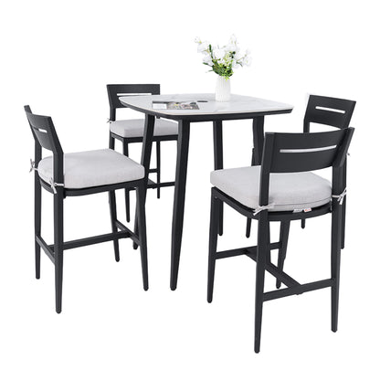 Modern Outdoor Patio Bar Set, Rounded Square Table &amp; Bar Chairs, Non Rust Frame, Tapered Legs, Sunbrella Cushion