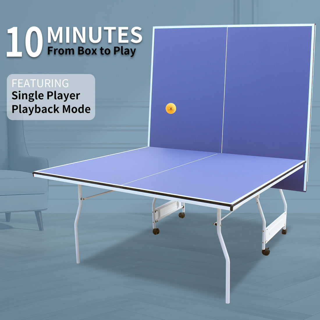 9ft Mid-Size Table Tennis Table Foldable &amp; Portable Ping Pong Table Set for Indoor Games with Net, 2 Table Tennis Paddles and 3 Balls