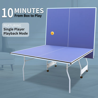 9ft Mid-Size Table Tennis Table Foldable &amp; Portable Ping Pong Table Set for Indoor Games with Net, 2 Table Tennis Paddles and 3 Balls