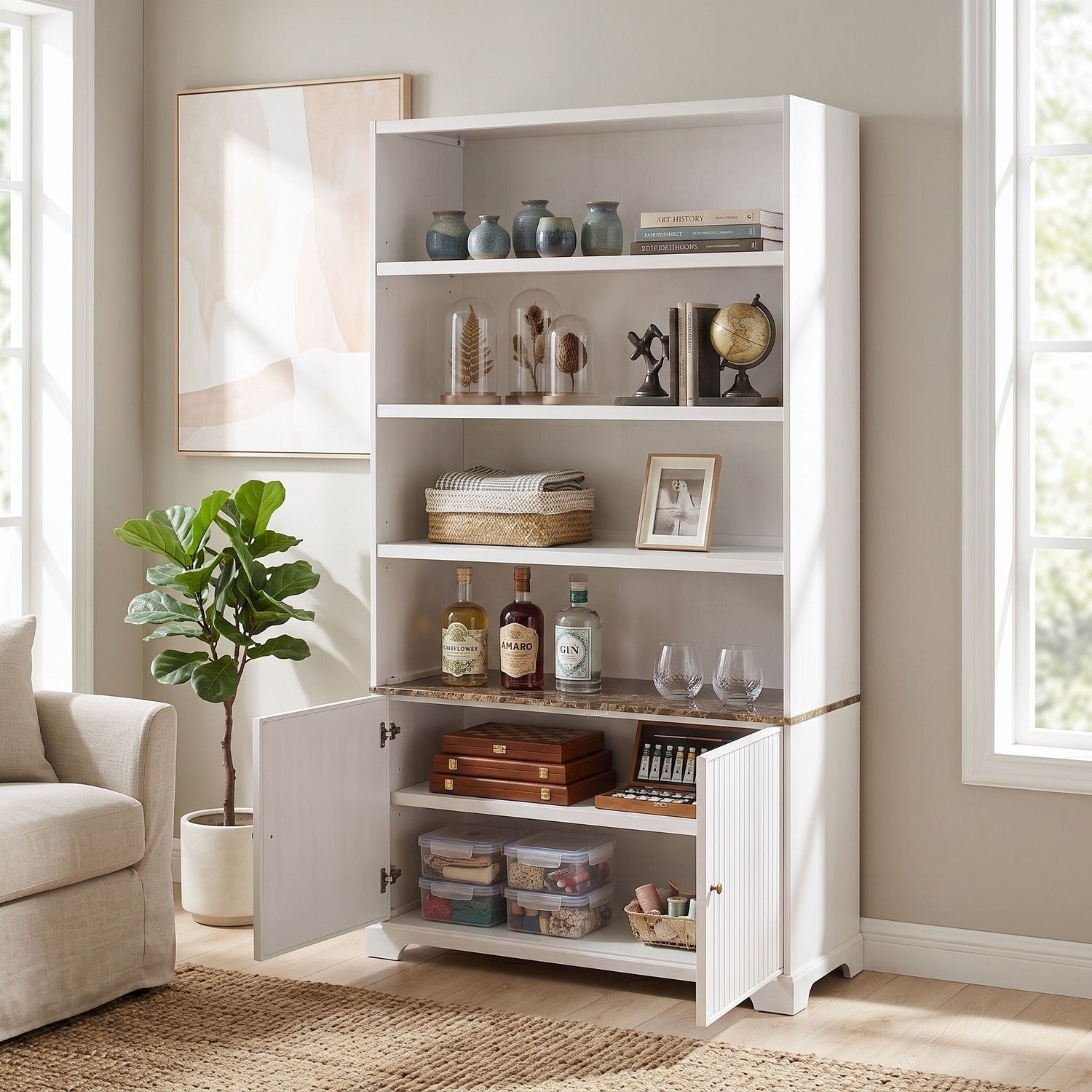 Tall Bookcase Storage Cabinet With 3 Open Shelves &amp; Fluted Double Doors