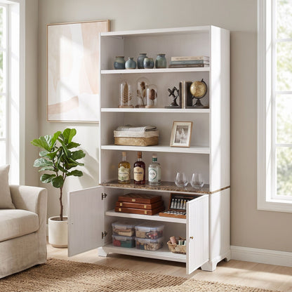 Tall Bookcase Storage Cabinet With 3 Open Shelves &amp; Fluted Double Doors
