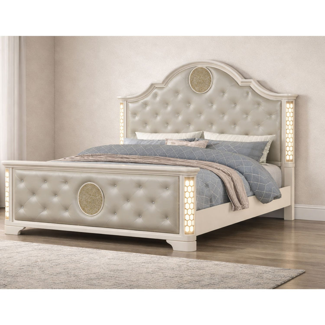 Jasmine - Queen Size Tufted Upholstery &amp; LED Bed - Beige