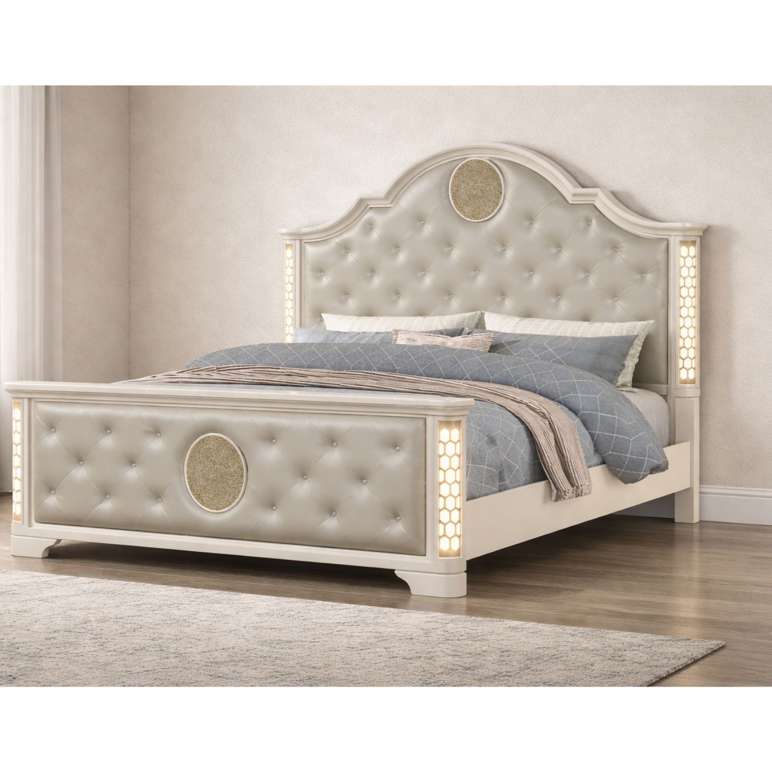 Jasmine - Queen Size Tufted Upholstery &amp; LED Bed - Beige