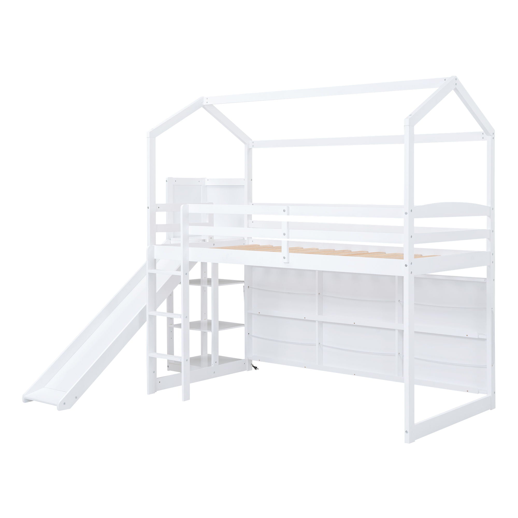 House Loft Bed With Slide, Storage Shelves And Light, Climbing Ramp