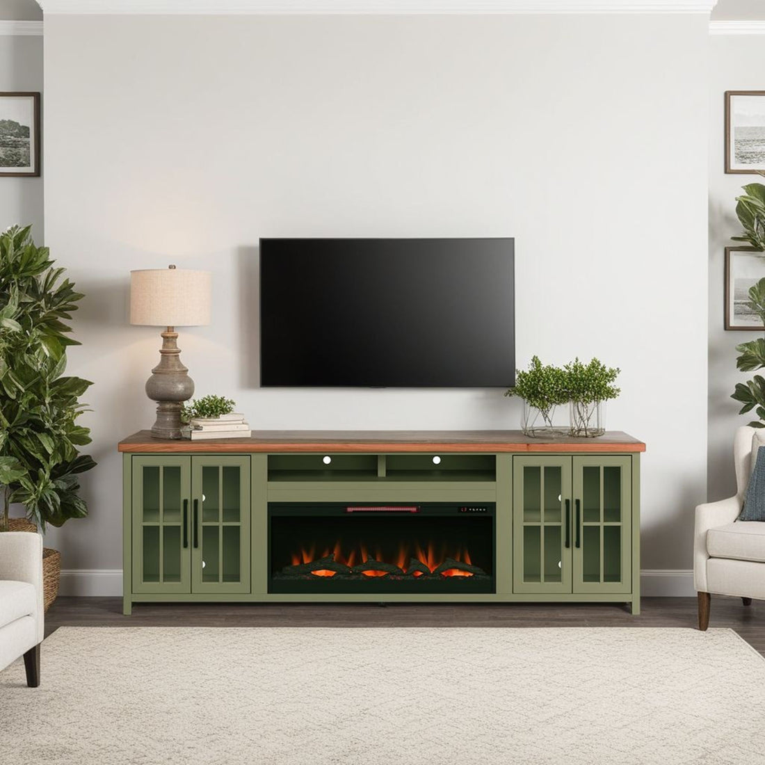 Vineyard - 97&quot; Fireplace TV Stand Console For TVs Up To 100&quot; - Sage Green And Fruitwood Finish