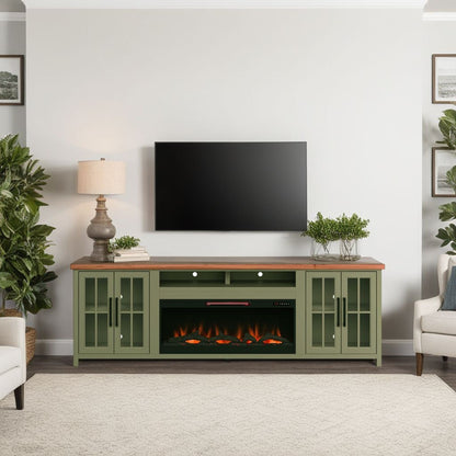Vineyard - 97&quot; Fireplace TV Stand Console For TVs Up To 100&quot; - Sage Green And Fruitwood Finish